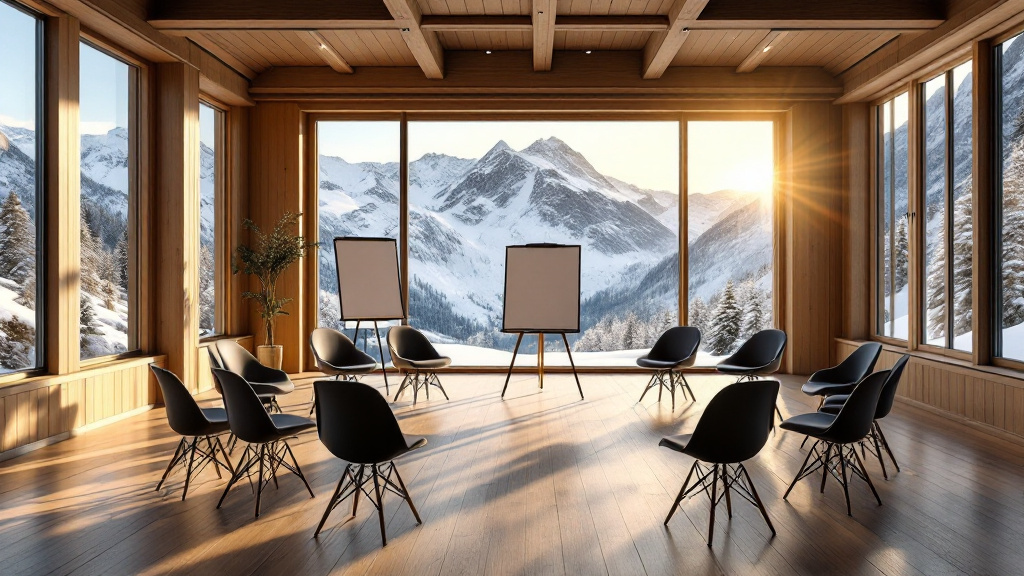 Salle de séminaire dans un chalet, face aux montagnes